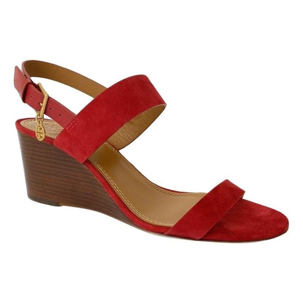 $300 TORY BURCH MINI BENTON SUEDE SANDALS RED APPLE WEDGE GOLD LOGO 7 (TB23)